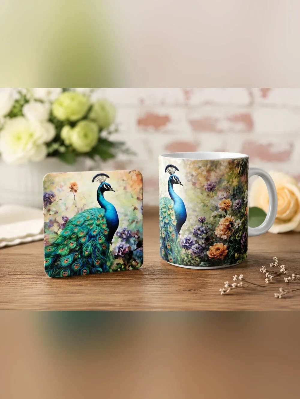 Hand Crafted Peacock Kitchen Linen Set in Green, Blue and Yellow
